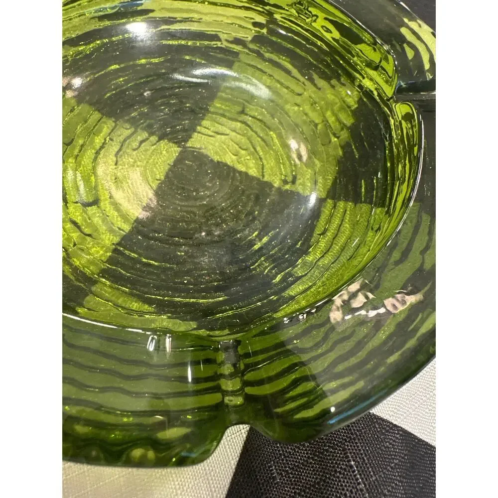 Vintage Anchor Hocking Soreno Green Glass Pressed Bark Pattern Round Ashtray
